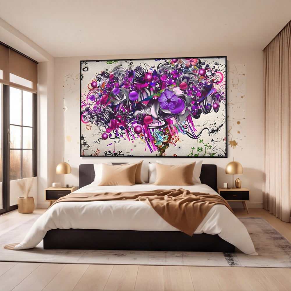 Tablou canvas cu tablou canvas cu flori mov si inimi, in rama de aluminiu negru, pe perete intr-un dormitor